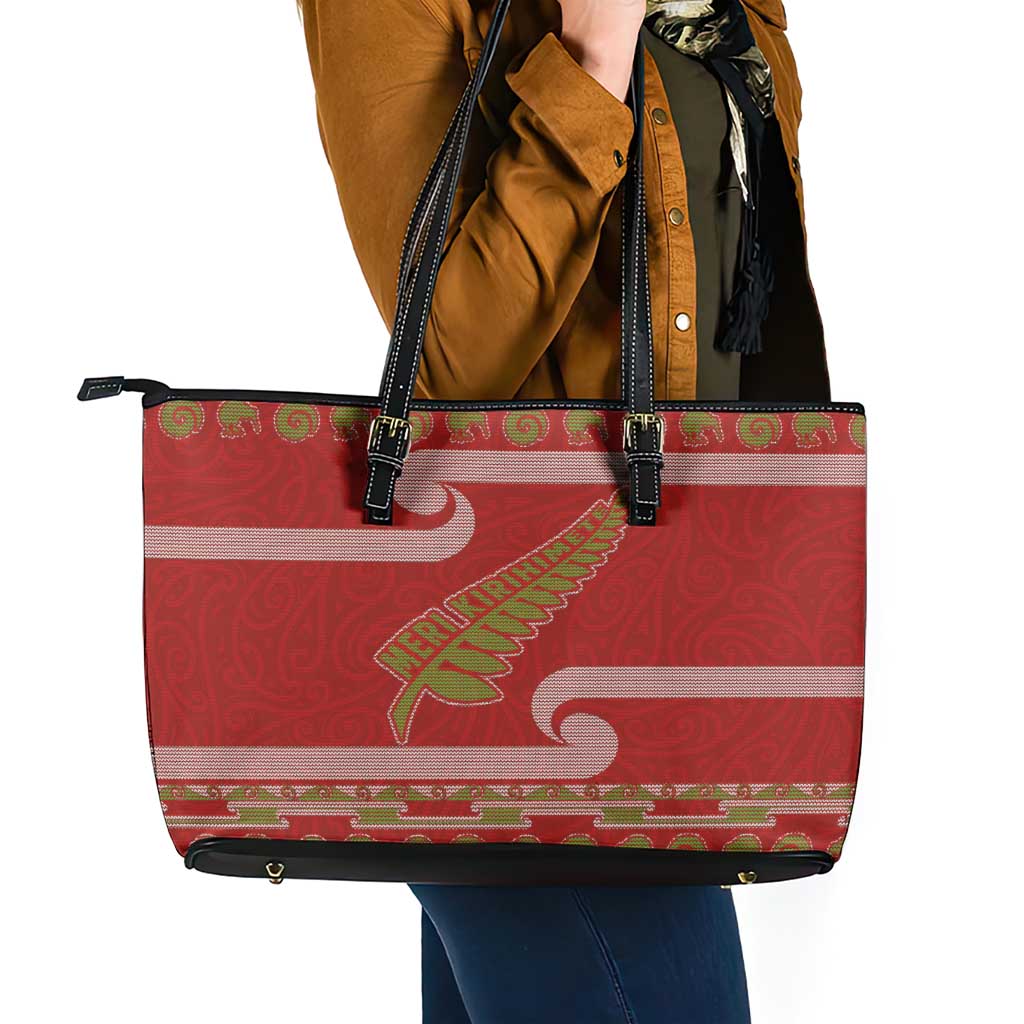 New Zealand Christmas Leather Tote Bag Meri Kirihimete Silver Fern Knit Style Green Color LT03 - Polynesian Pride
