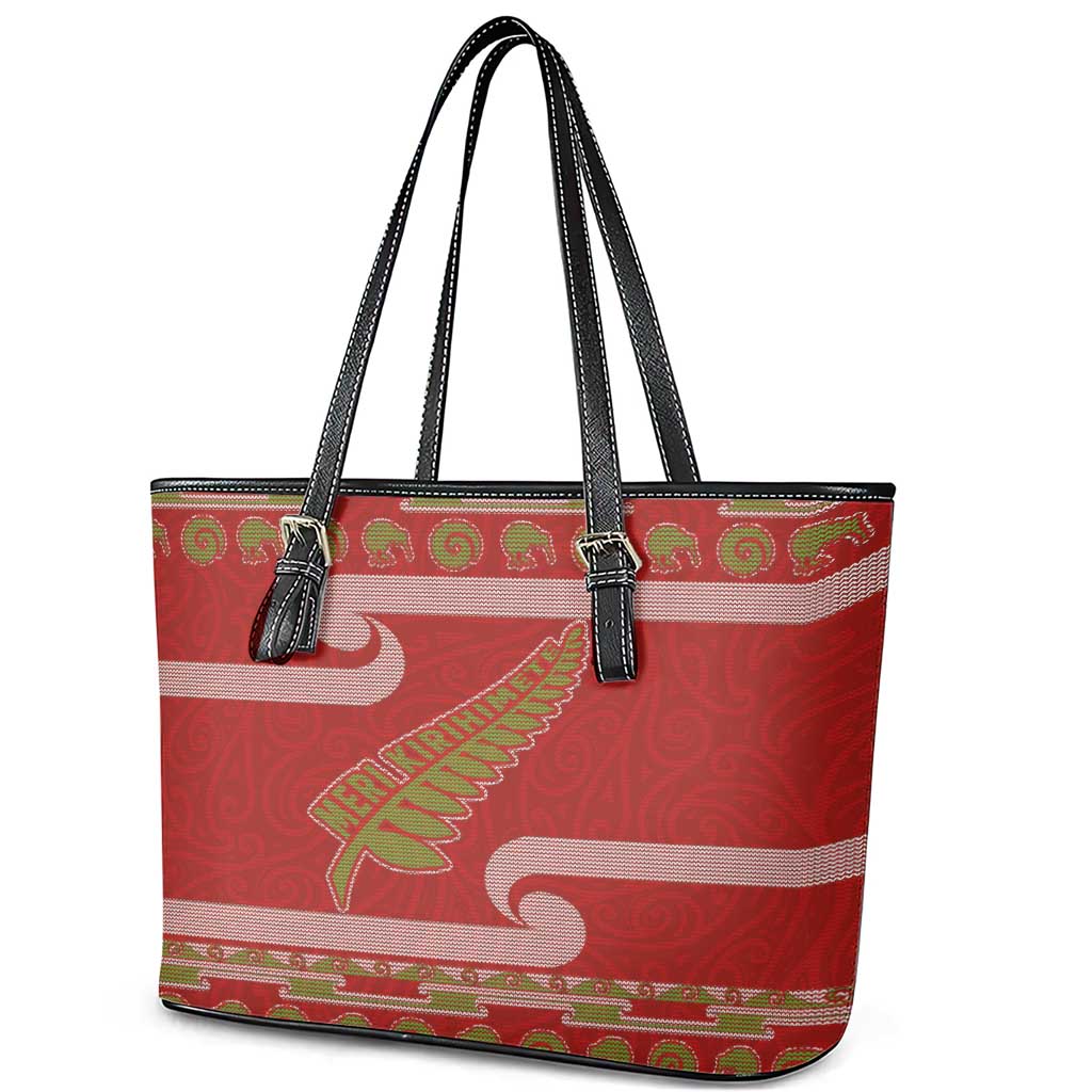 New Zealand Christmas Leather Tote Bag Meri Kirihimete Silver Fern Knit Style Green Color LT03 - Polynesian Pride