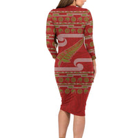New Zealand Christmas Long Sleeve Bodycon Dress Meri Kirihimete Silver Fern Knit Style Green Color LT03 - Polynesian Pride