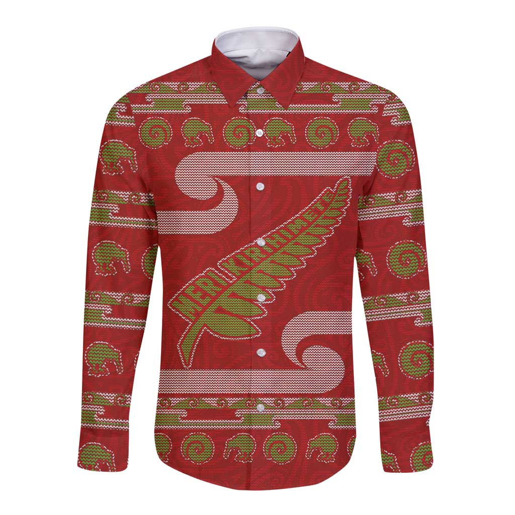 New Zealand Christmas Long Sleeve Button Shirt Meri Kirihimete Silver Fern Knit Style Green Color LT03 Unisex Green - Polynesian Pride