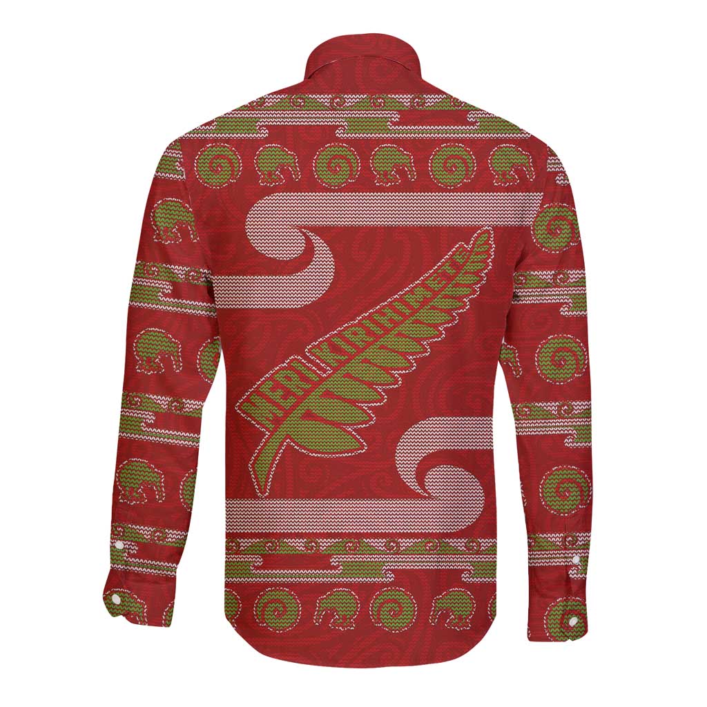 New Zealand Christmas Long Sleeve Button Shirt Meri Kirihimete Silver Fern Knit Style Green Color LT03 - Polynesian Pride