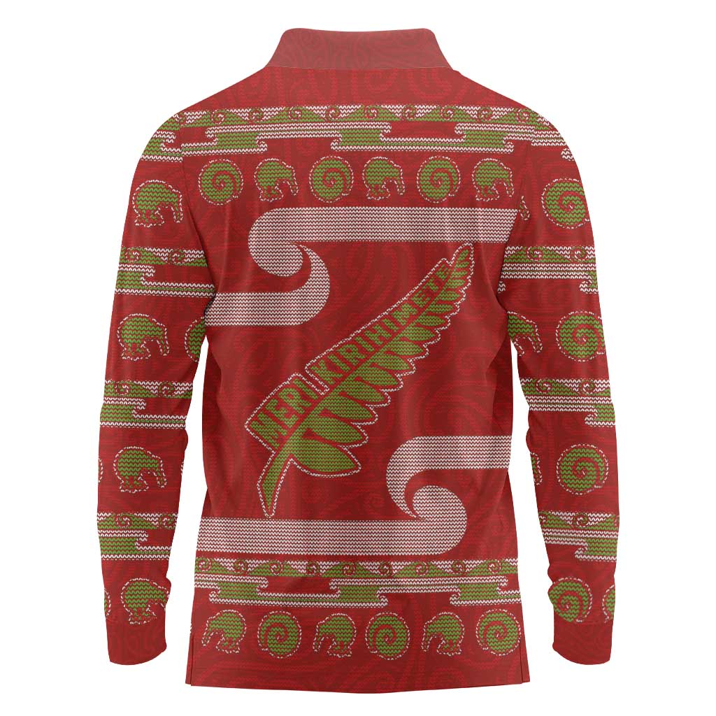 New Zealand Christmas Long Sleeve Polo Shirt Meri Kirihimete Silver Fern Knit Style Green Color LT03 - Polynesian Pride