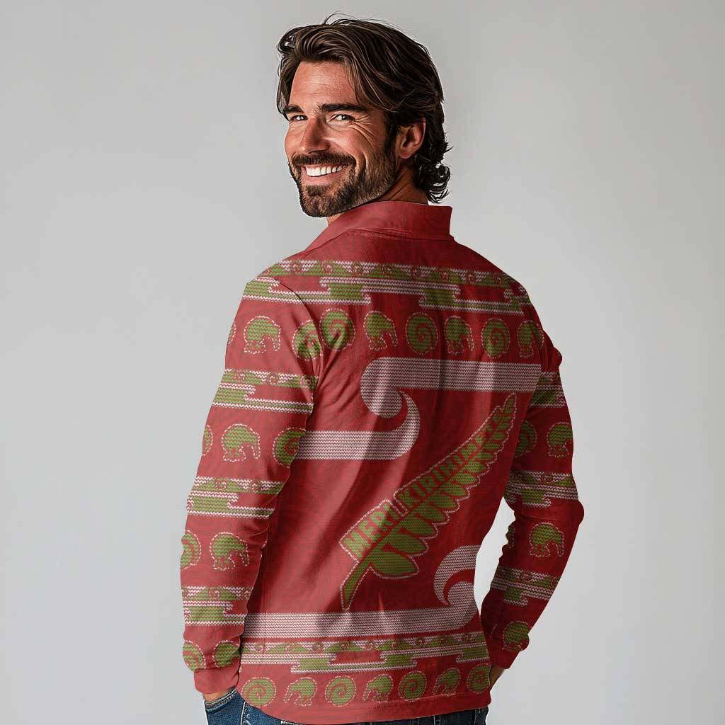 New Zealand Christmas Long Sleeve Polo Shirt Meri Kirihimete Silver Fern Knit Style Green Color LT03 - Polynesian Pride