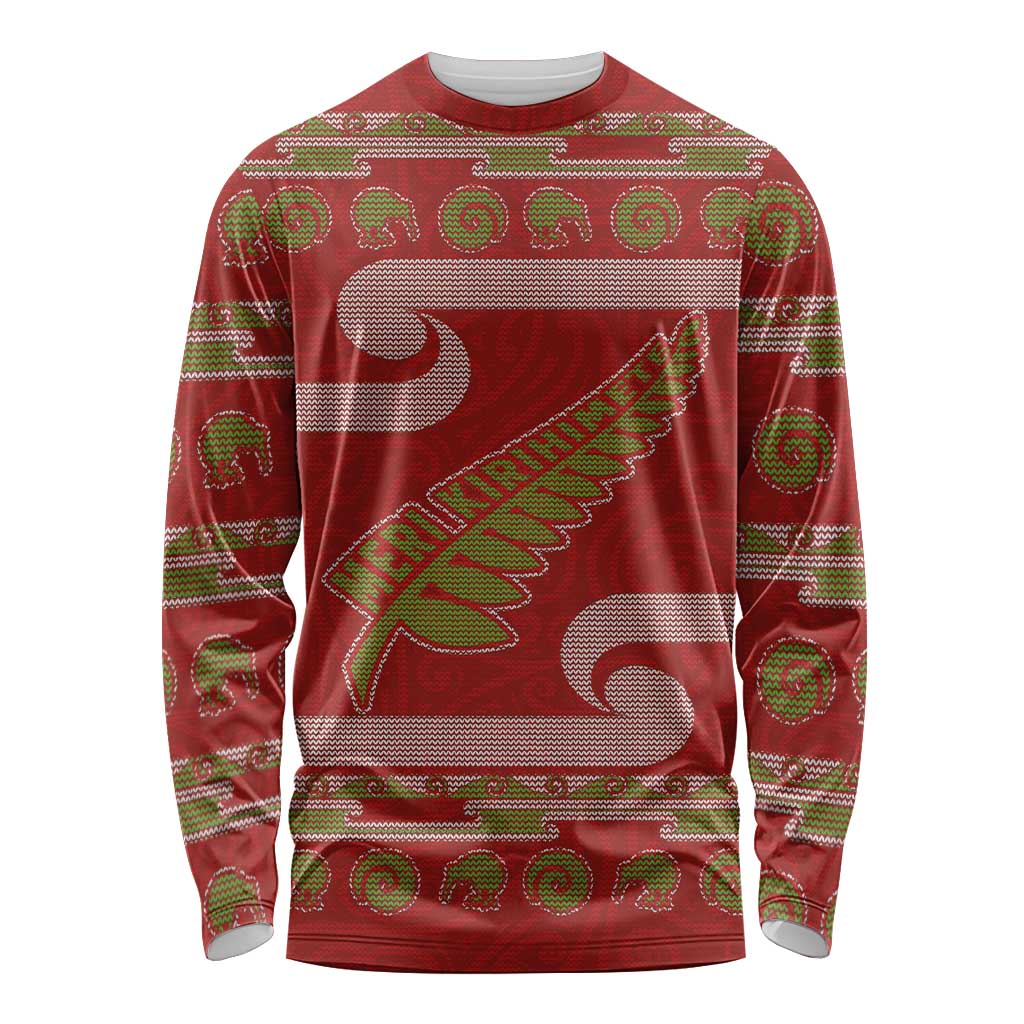 New Zealand Christmas Long Sleeve Shirt Meri Kirihimete Silver Fern Knit Style Green Color LT03 Unisex Green - Polynesian Pride