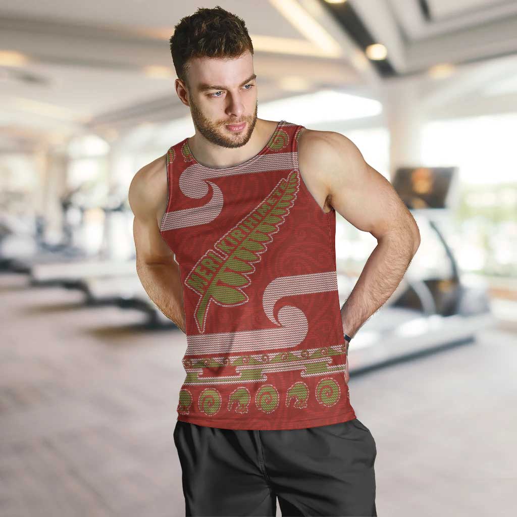 New Zealand Christmas Men Tank Top Meri Kirihimete Silver Fern Knit Style Green Color - Polynesian Pride