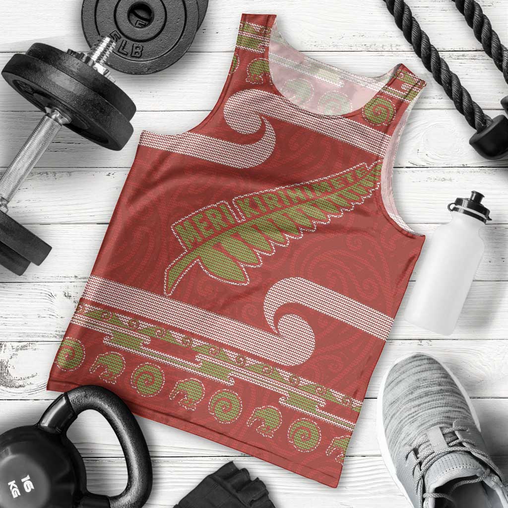 New Zealand Christmas Men Tank Top Meri Kirihimete Silver Fern Knit Style Green Color LT03 - Polynesian Pride