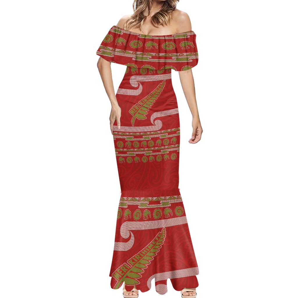 New Zealand Christmas Mermaid Dress Meri Kirihimete Silver Fern Knit Style Green Color LT03 - Polynesian Pride