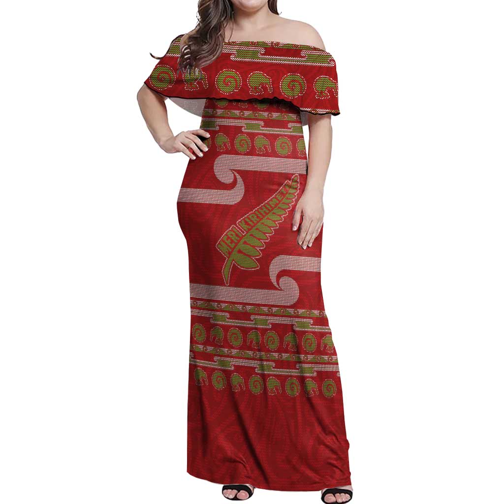 New Zealand Christmas Off Shoulder Maxi Dress Meri Kirihimete Silver Fern Knit Style Green Color LT03 Women Green - Polynesian Pride