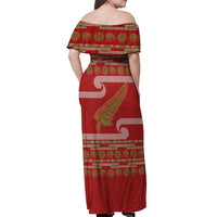 New Zealand Christmas Off Shoulder Maxi Dress Meri Kirihimete Silver Fern Knit Style Green Color LT03 - Polynesian Pride