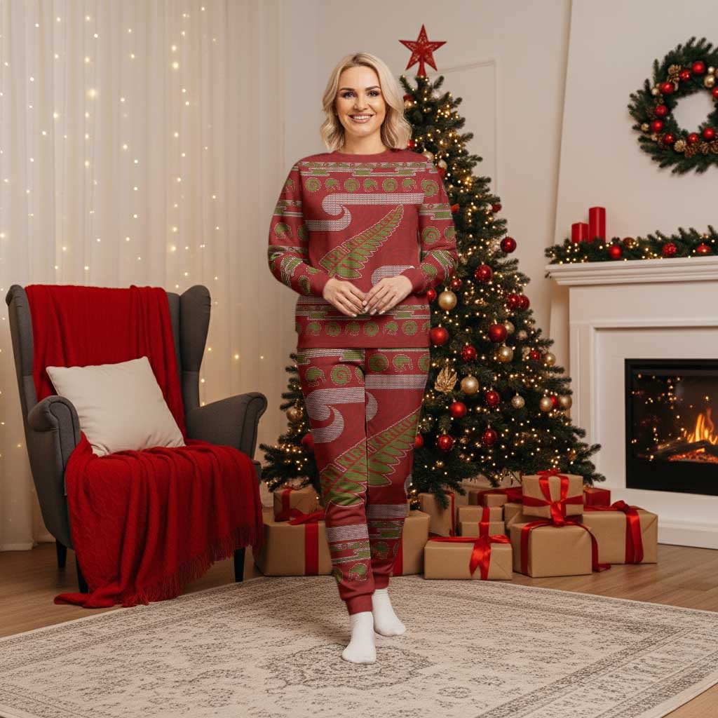 New Zealand Christmas Pajama Set Meri Kirihimete Silver Fern Knit Style Green Color LT03 Women Green - Polynesian Pride