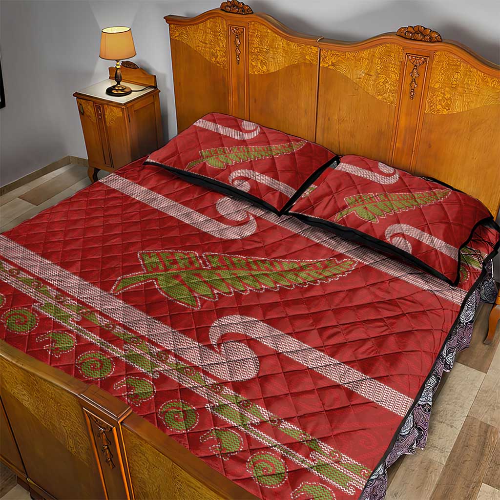 New Zealand Christmas Quilt Bed Set Meri Kirihimete Silver Fern Knit Style Green Color LT03 - Polynesian Pride