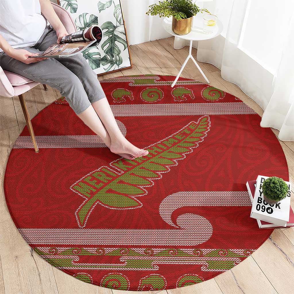 New Zealand Christmas Round Carpet Meri Kirihimete Silver Fern Knit Style Green Color LT03 - Polynesian Pride