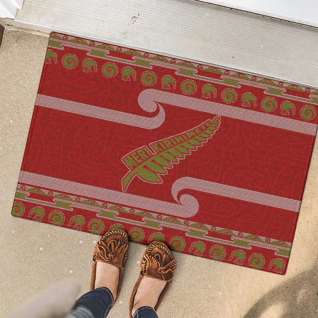 New Zealand Christmas Rubber Doormat Meri Kirihimete Silver Fern Knit Style Green Color LT03 - Polynesian Pride