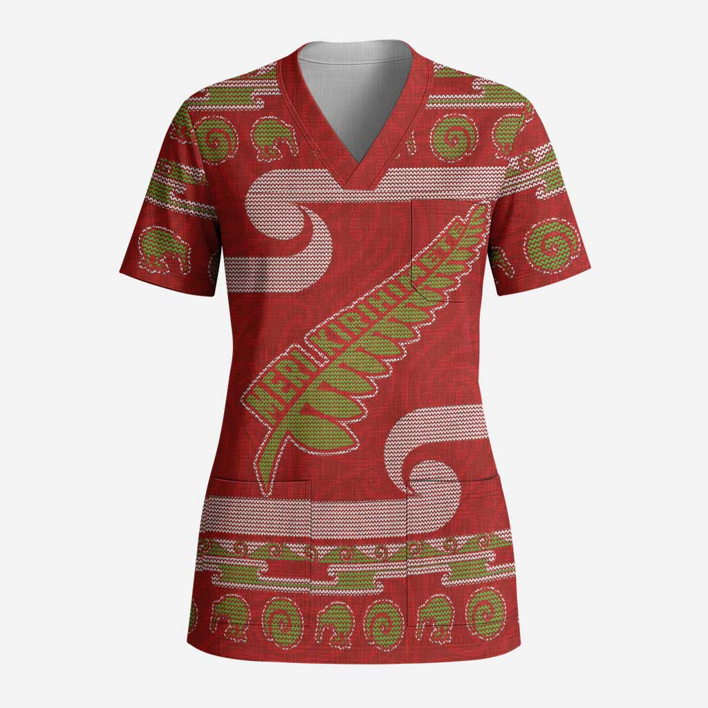 New Zealand Christmas Scrub Top Meri Kirihimete Silver Fern Knit Style Green Color LT03 Adult Green - Polynesian Pride