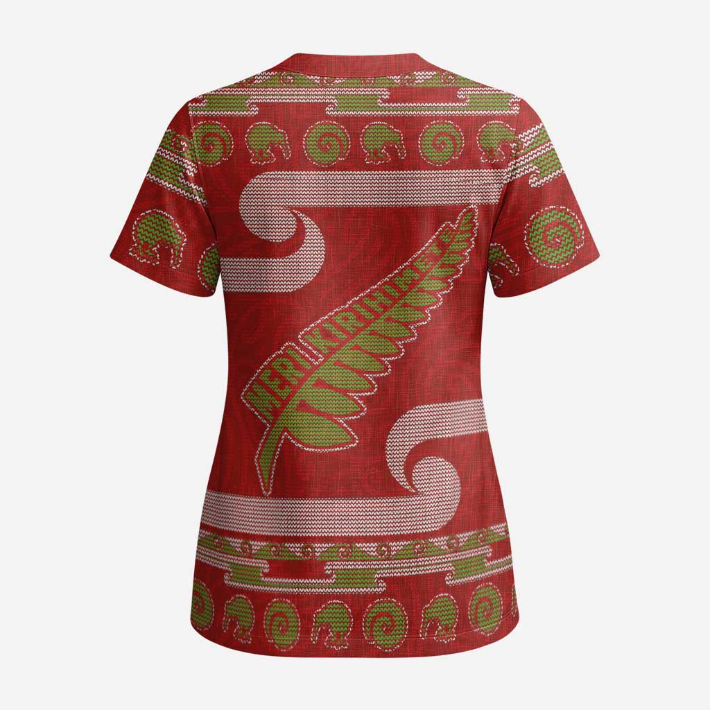 New Zealand Christmas Scrub Top Meri Kirihimete Silver Fern Knit Style Green Color LT03 - Polynesian Pride