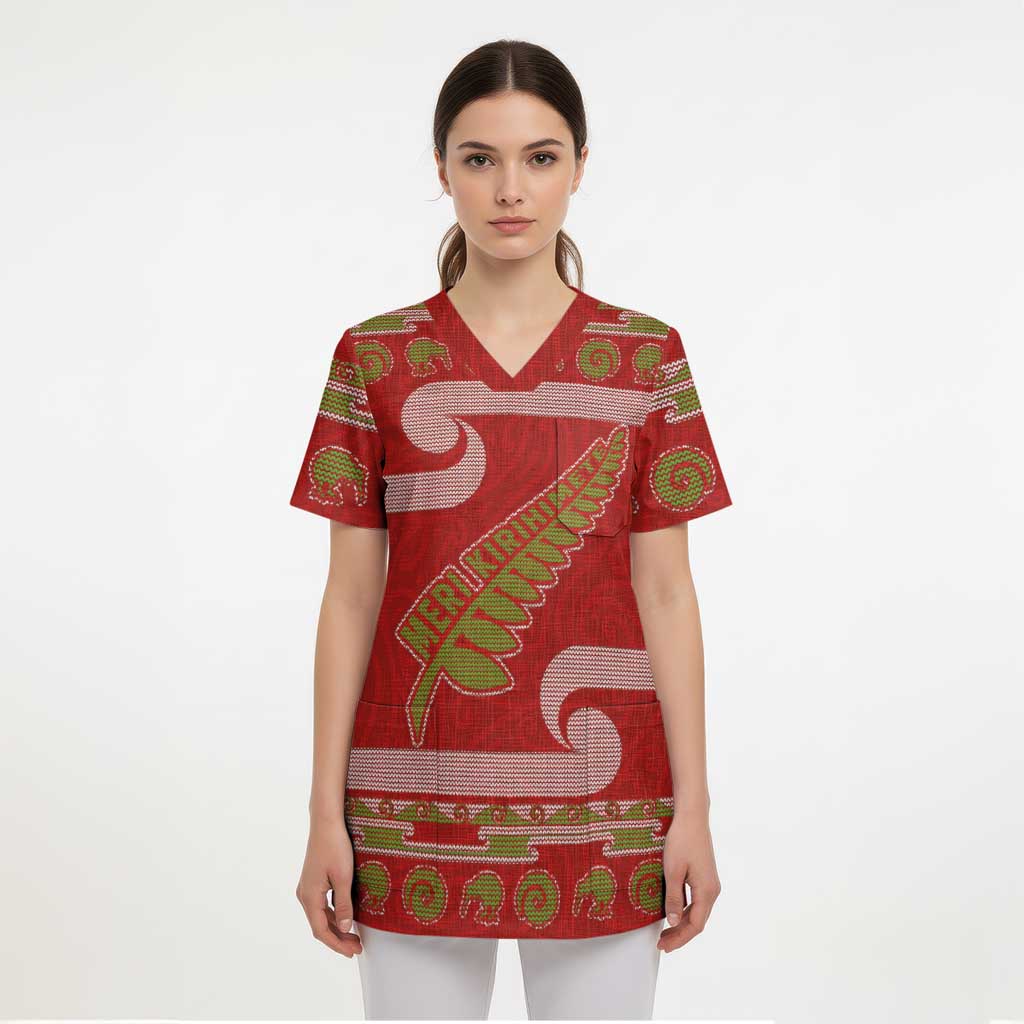 New Zealand Christmas Scrub Top Meri Kirihimete Silver Fern Knit Style Green Color LT03 - Polynesian Pride