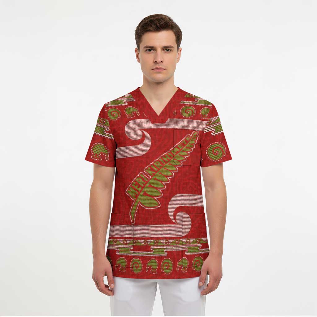 New Zealand Christmas Scrub Top Meri Kirihimete Silver Fern Knit Style Green Color LT03 - Polynesian Pride