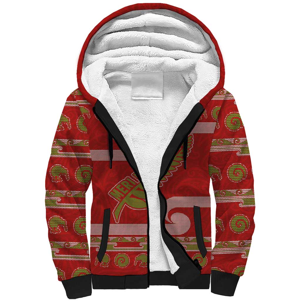 New Zealand Christmas Sherpa Hoodie Meri Kirihimete Silver Fern Knit Style Green Color LT03 Unisex Green - Polynesian Pride