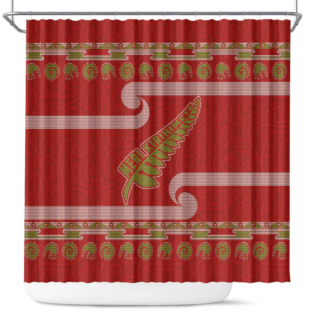 New Zealand Christmas Shower Curtain Meri Kirihimete Silver Fern Knit Style Green Color LT03 Green - Polynesian Pride