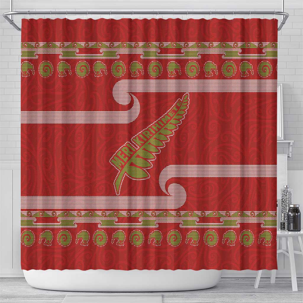 New Zealand Christmas Shower Curtain Meri Kirihimete Silver Fern Knit Style Green Color LT03 - Polynesian Pride