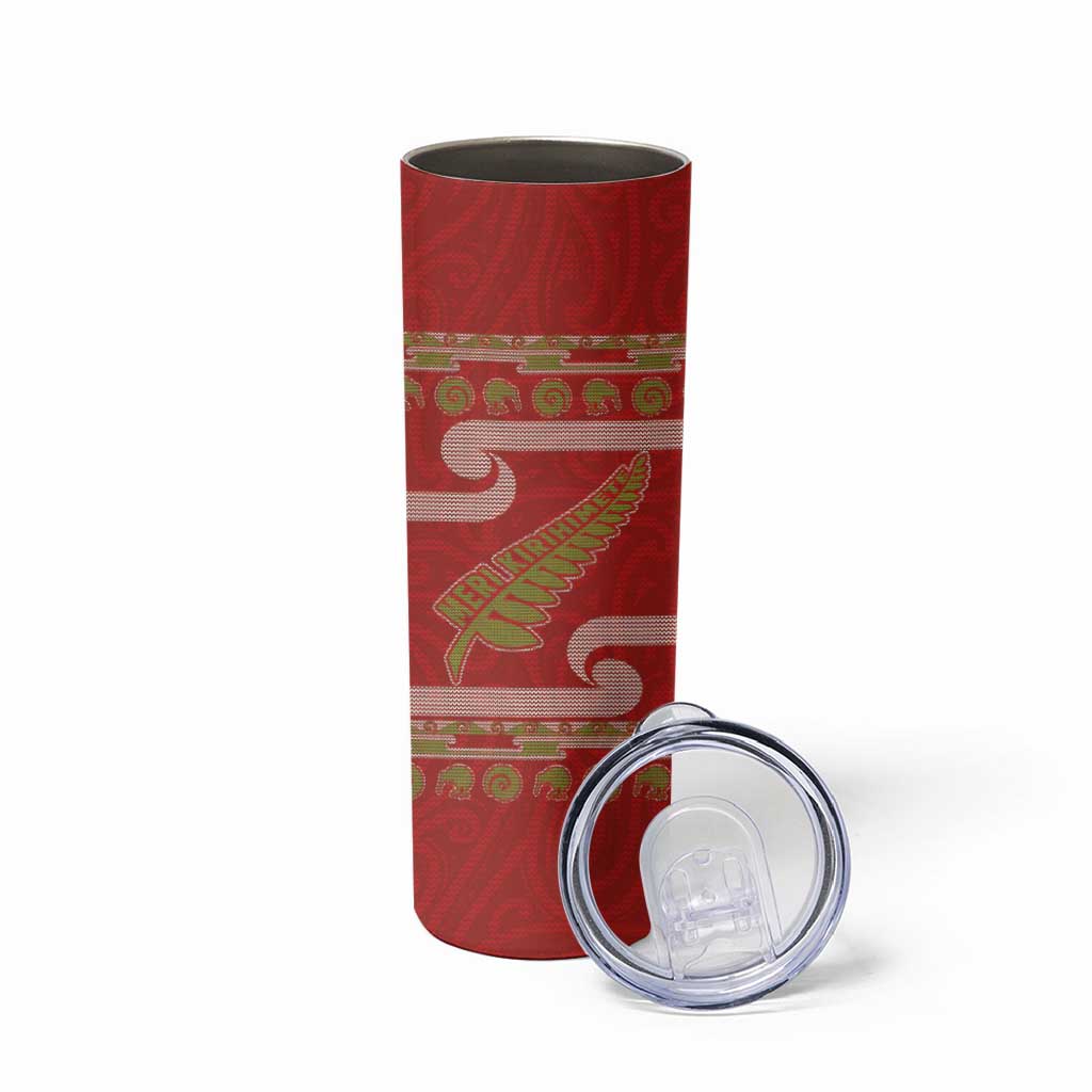 New Zealand Christmas Skinny Tumbler Meri Kirihimete Silver Fern Knit Style Green Color LT03 - Polynesian Pride