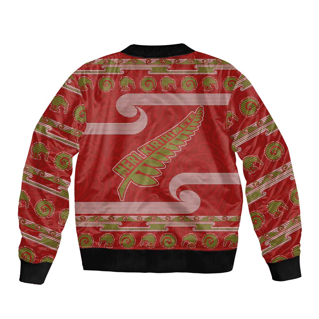 New Zealand Christmas Sleeve Zip Bomber Jacket Meri Kirihimete Silver Fern Knit Style Green Color LT03 - Polynesian Pride