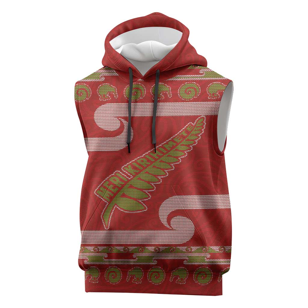 New Zealand Christmas Sleeveless Hoodie Meri Kirihimete Silver Fern Knit Style Green Color LT03 Green - Polynesian Pride