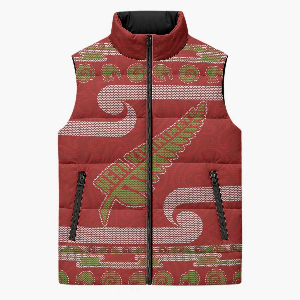 New Zealand Christmas Sleeveless Puffer Jacket Meri Kirihimete Silver Fern Knit Style Green Color LT03 Unisex Green - Polynesian Pride