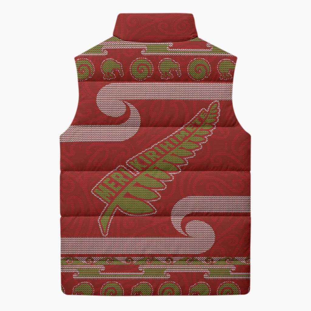 New Zealand Christmas Sleeveless Puffer Jacket Meri Kirihimete Silver Fern Knit Style Green Color LT03 - Polynesian Pride