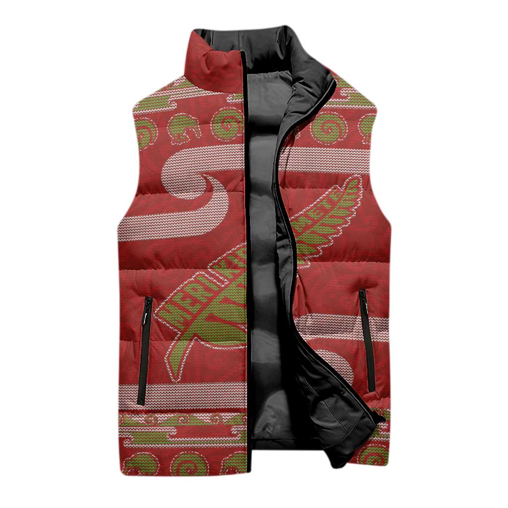 New Zealand Christmas Sleeveless Puffer Jacket Meri Kirihimete Silver Fern Knit Style Green Color LT03 - Polynesian Pride