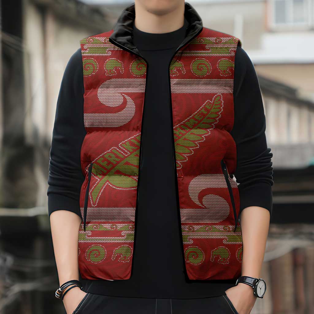 New Zealand Christmas Sleeveless Puffer Jacket Meri Kirihimete Silver Fern Knit Style Green Color LT03 - Polynesian Pride