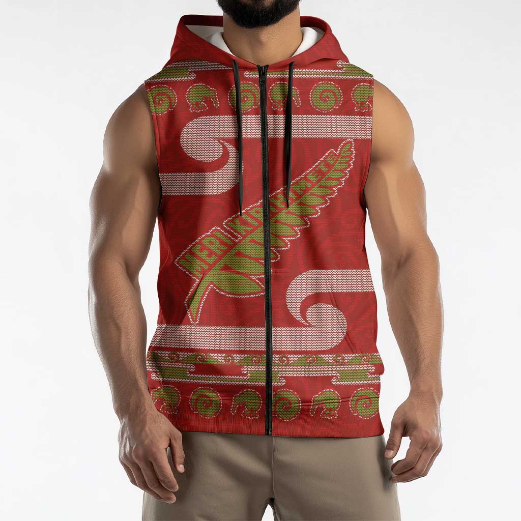 New Zealand Christmas Sleeveless Zip Hoodie Meri Kirihimete Silver Fern Knit Style Green Color LT03 - Polynesian Pride