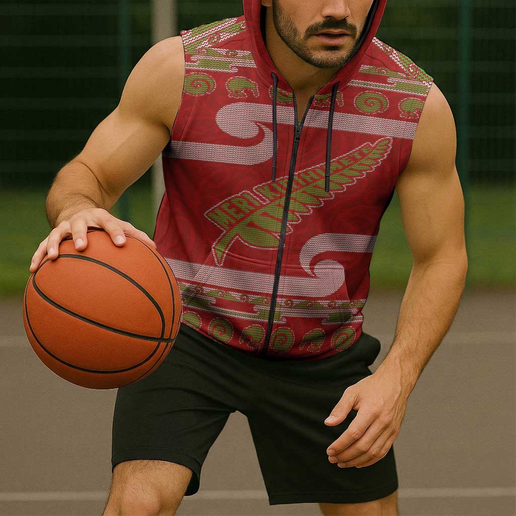New Zealand Christmas Sleeveless Zip Hoodie Meri Kirihimete Silver Fern Knit Style Green Color LT03 - Polynesian Pride