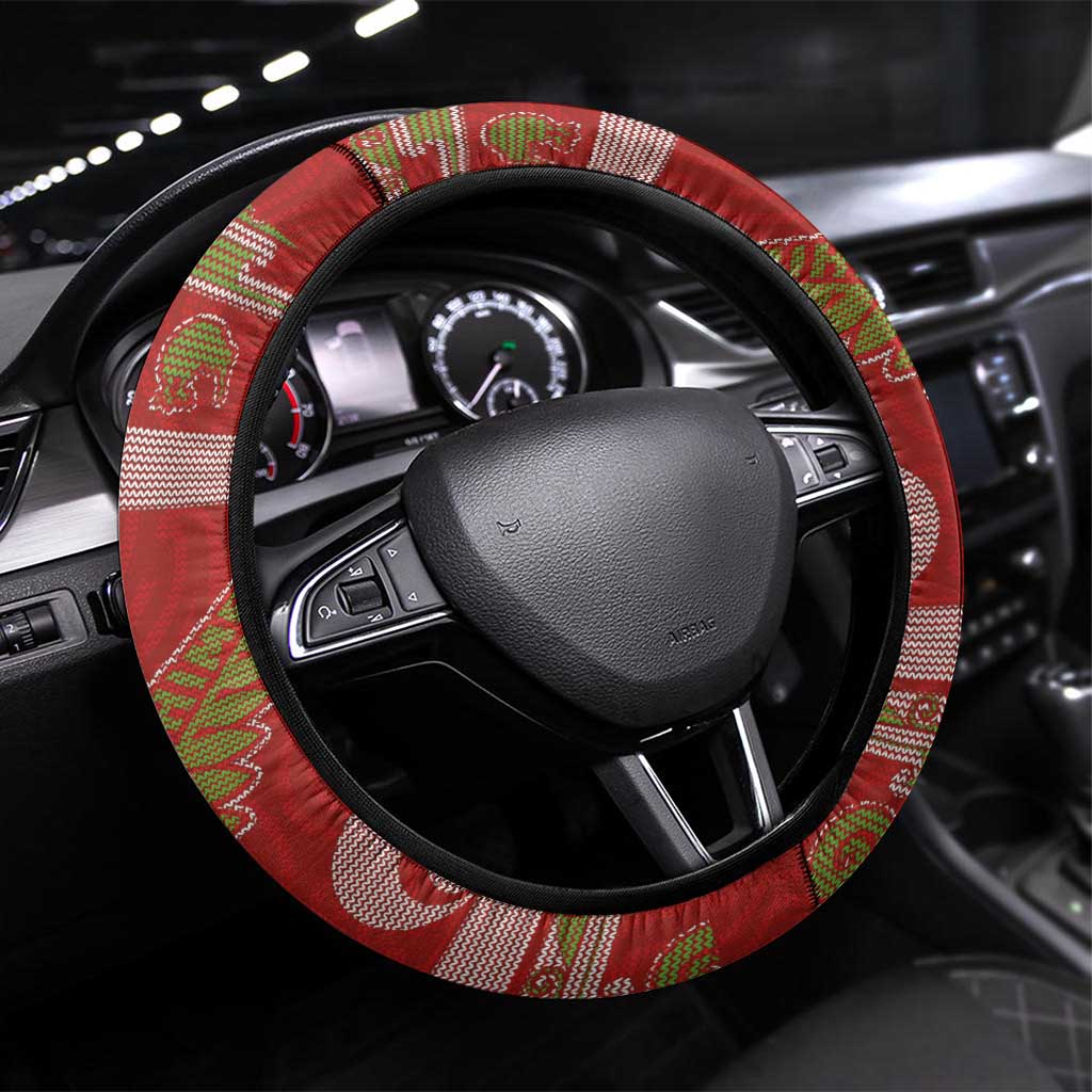 New Zealand Christmas Steering Wheel Cover Meri Kirihimete Silver Fern Knit Style Green Color LT03 Universal Fit Green - Polynesian Pride