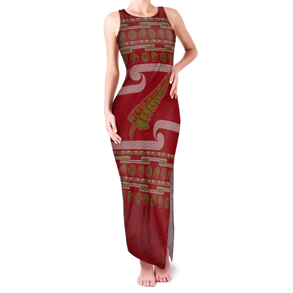 New Zealand Christmas Tank Maxi Dress Meri Kirihimete Silver Fern Knit Style Green Color - Polynesian Pride