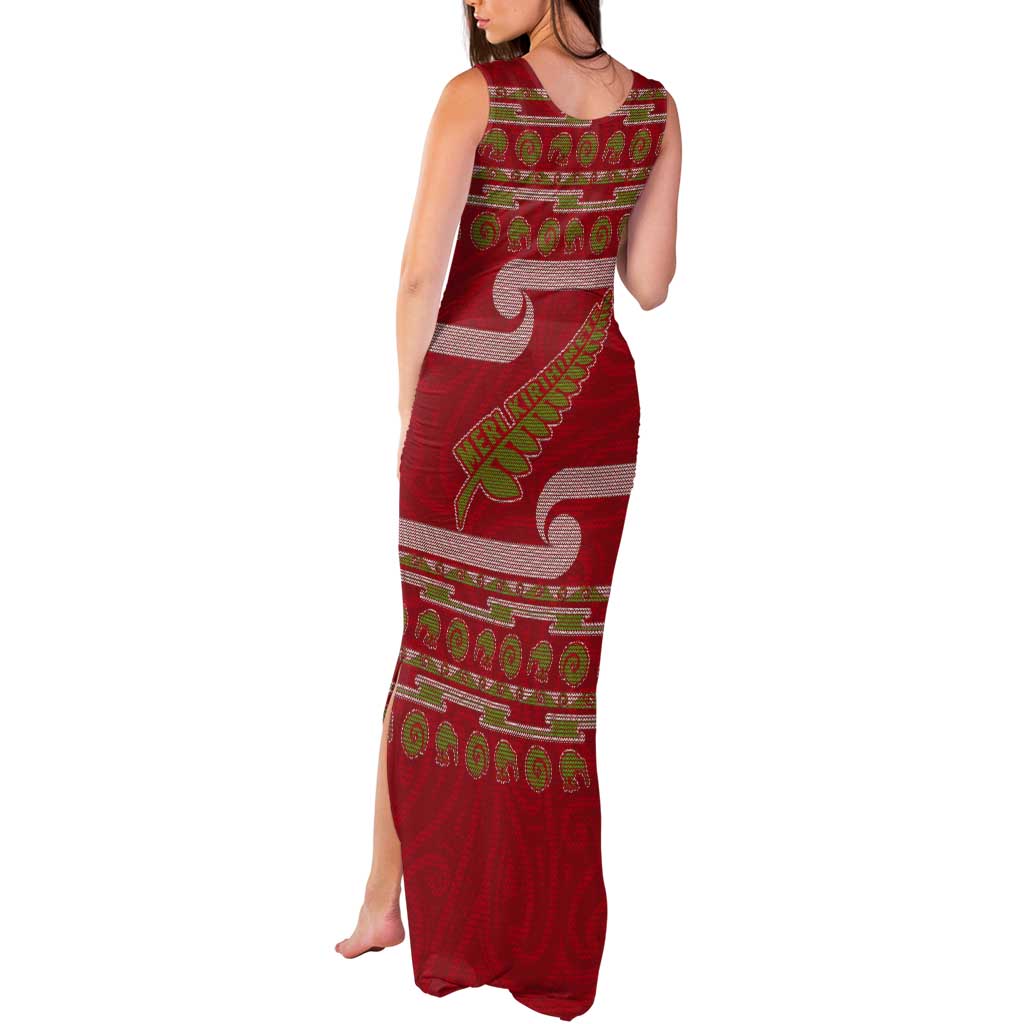 New Zealand Christmas Tank Maxi Dress Meri Kirihimete Silver Fern Knit Style Green Color LT03 - Polynesian Pride