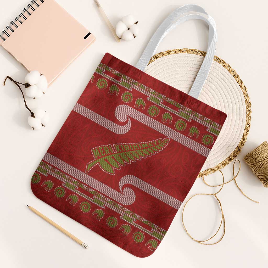 New Zealand Christmas Tote Bag Meri Kirihimete Silver Fern Knit Style Green Color LT03 White Strap One Size Green - Polynesian Pride