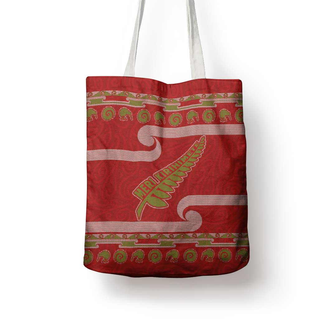 New Zealand Christmas Tote Bag Meri Kirihimete Silver Fern Knit Style Green Color LT03 - Polynesian Pride