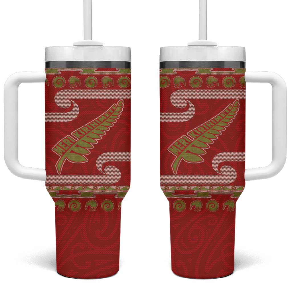 New Zealand Christmas Tumbler With Handle Meri Kirihimete Silver Fern Knit Style Green Color LT03 One Size: 40 oz Green - Polynesian Pride