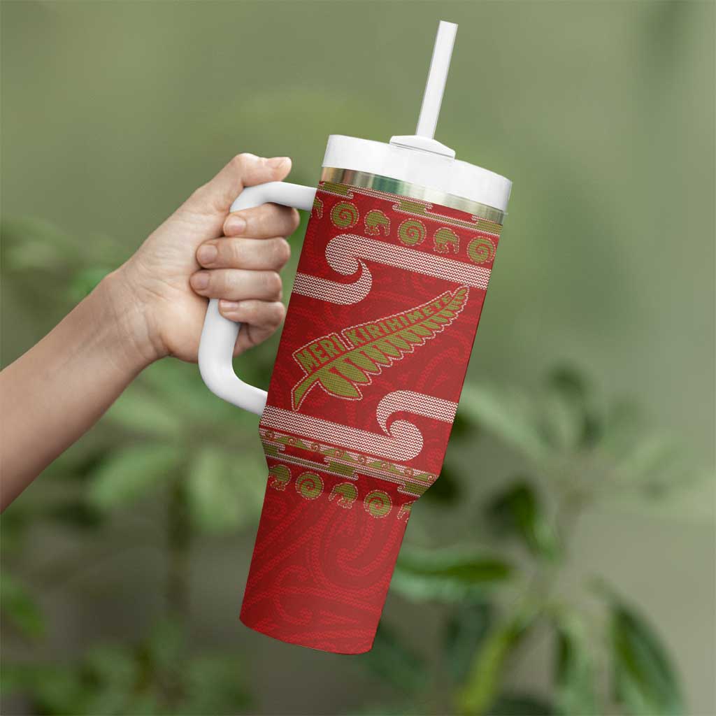 New Zealand Christmas Tumbler With Handle Meri Kirihimete Silver Fern Knit Style Green Color LT03 - Polynesian Pride