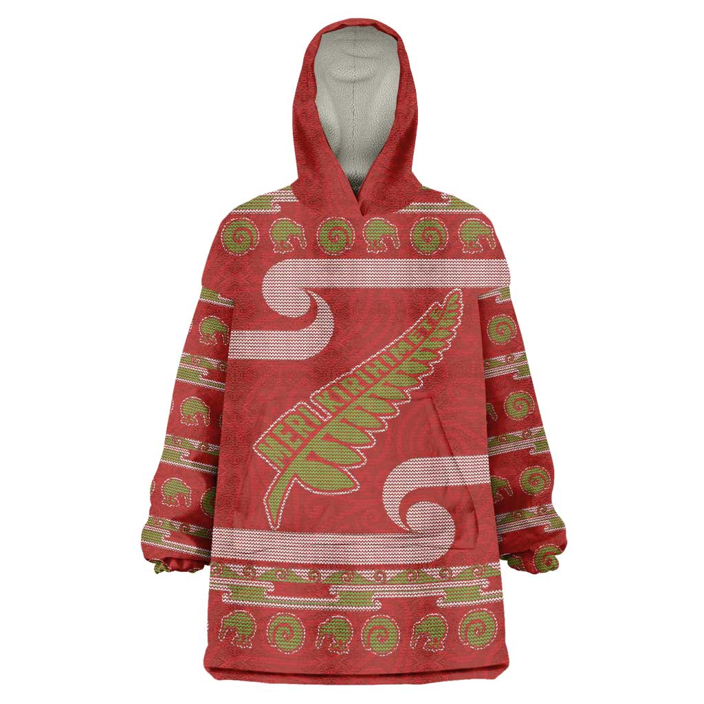 New Zealand Christmas Wearable Blanket Hoodie Meri Kirihimete Silver Fern Knit Style Green Color LT03 One Size Green - Polynesian Pride