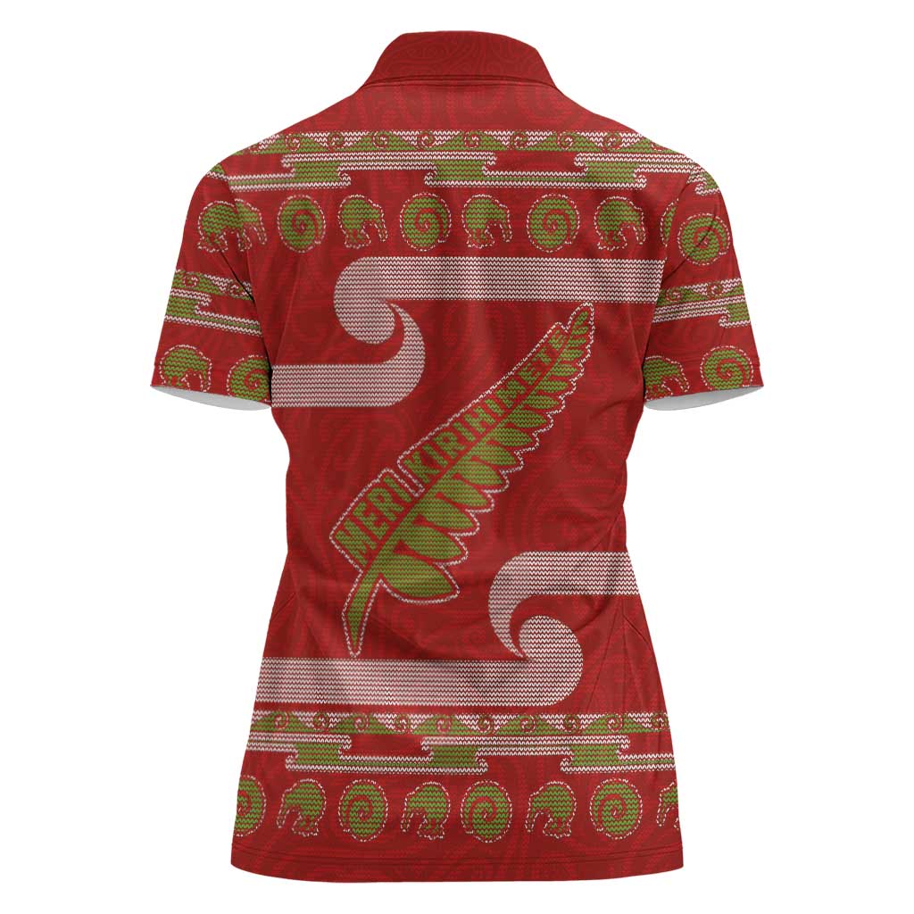 New Zealand Christmas Women Polo Shirt Meri Kirihimete Silver Fern Knit Style Green Color - Polynesian Pride