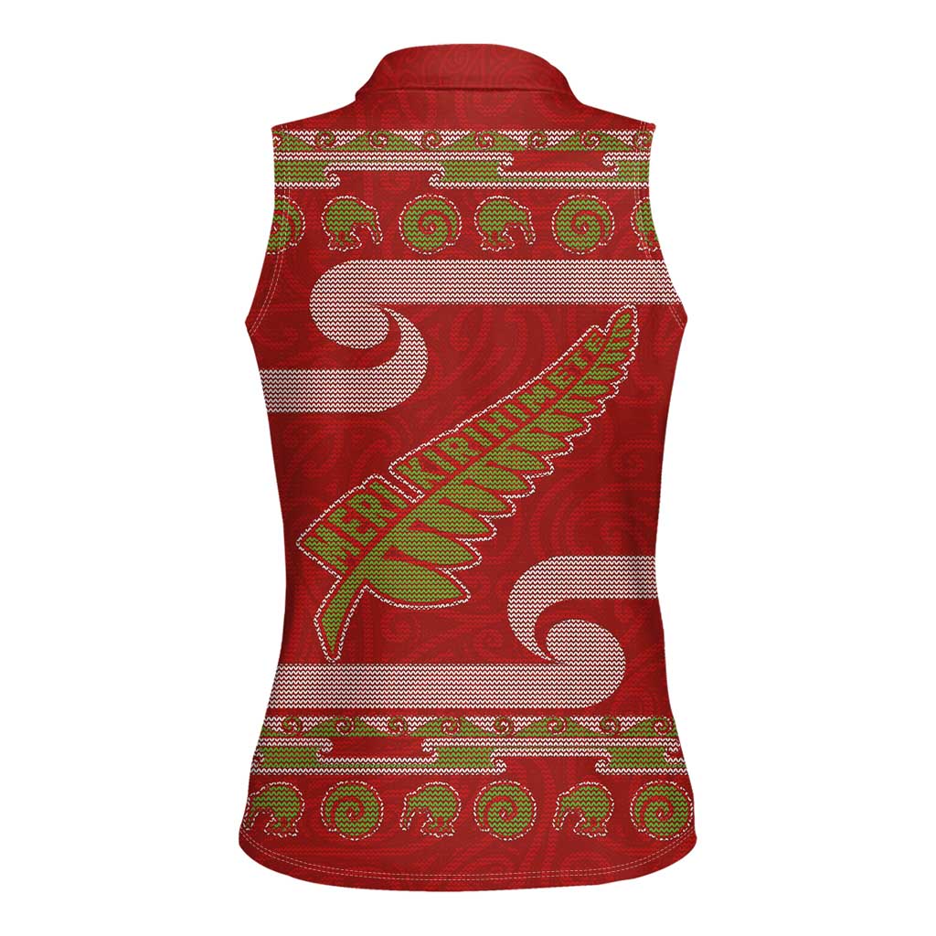 New Zealand Christmas Women Sleeveless Polo Shirt Meri Kirihimete Silver Fern Knit Style Green Color LT03 - Polynesian Pride