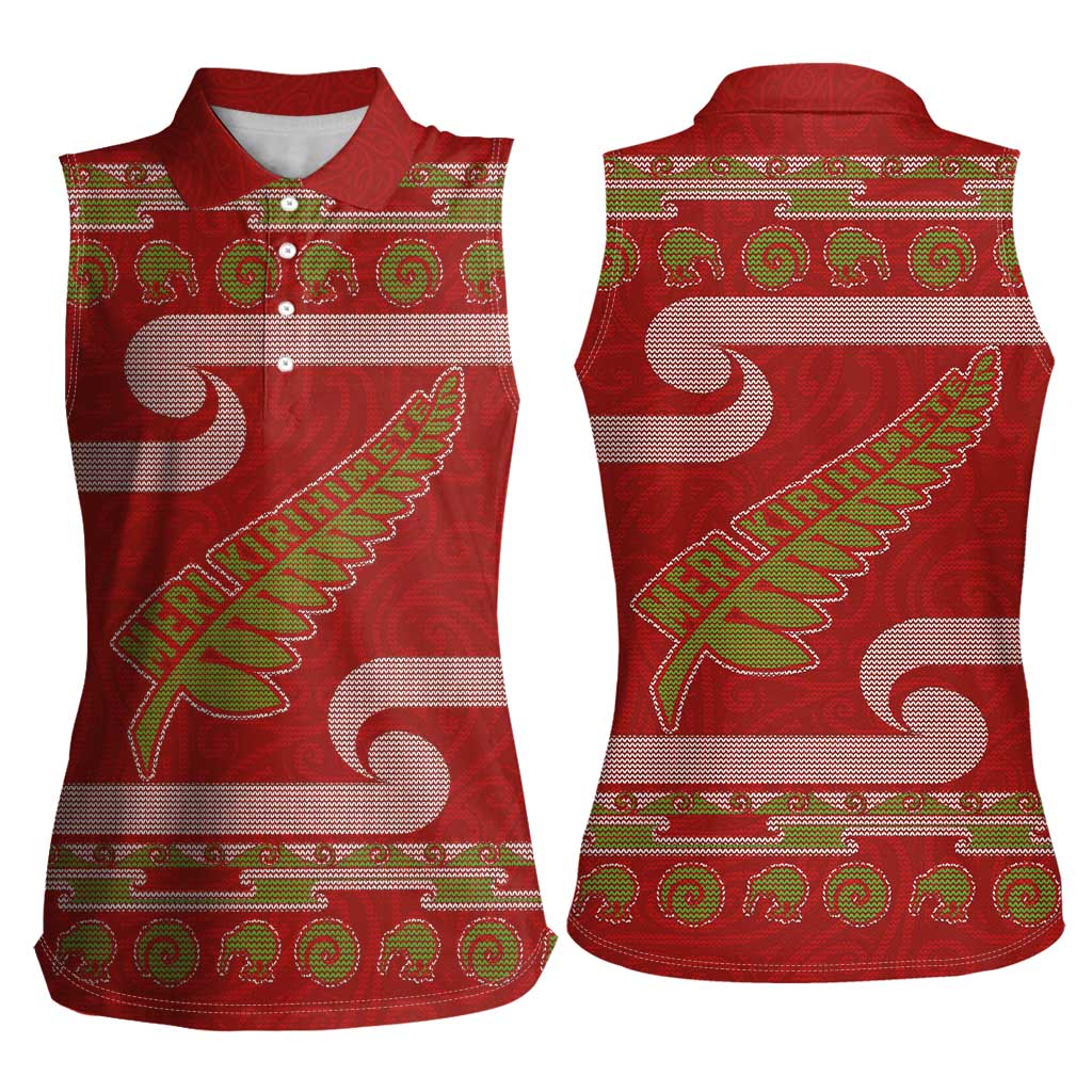 New Zealand Christmas Women Sleeveless Polo Shirt Meri Kirihimete Silver Fern Knit Style Green Color LT03 - Polynesian Pride