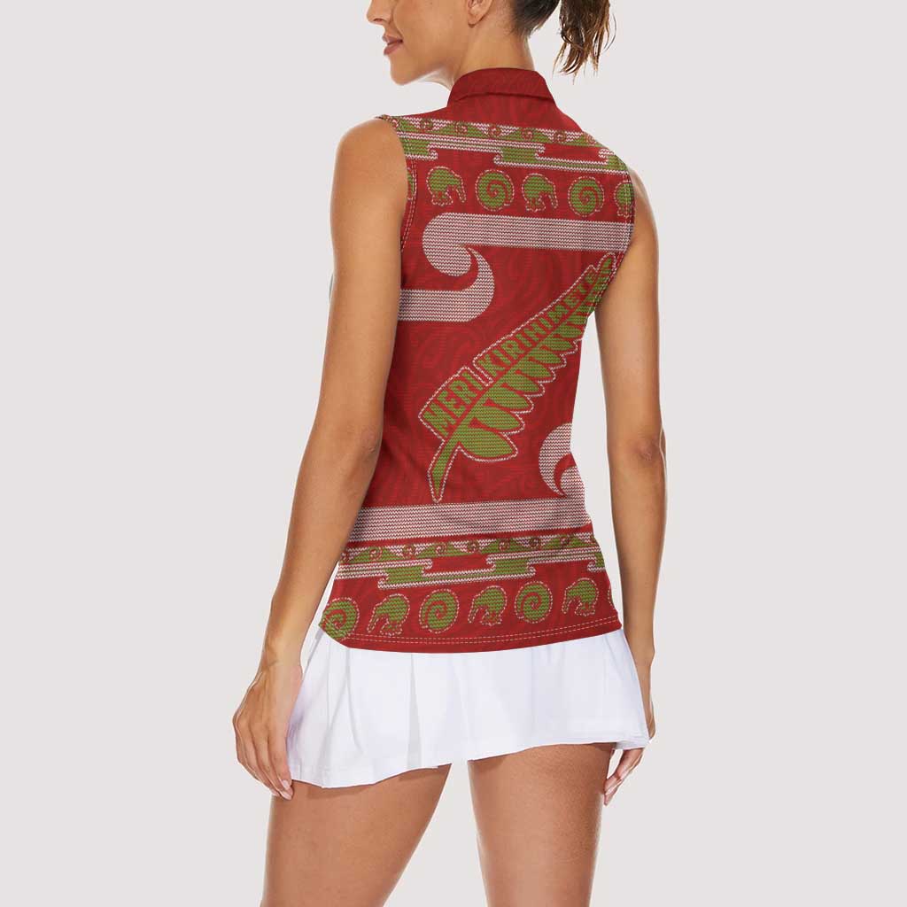 New Zealand Christmas Women Sleeveless Polo Shirt Meri Kirihimete Silver Fern Knit Style Green Color LT03 - Polynesian Pride