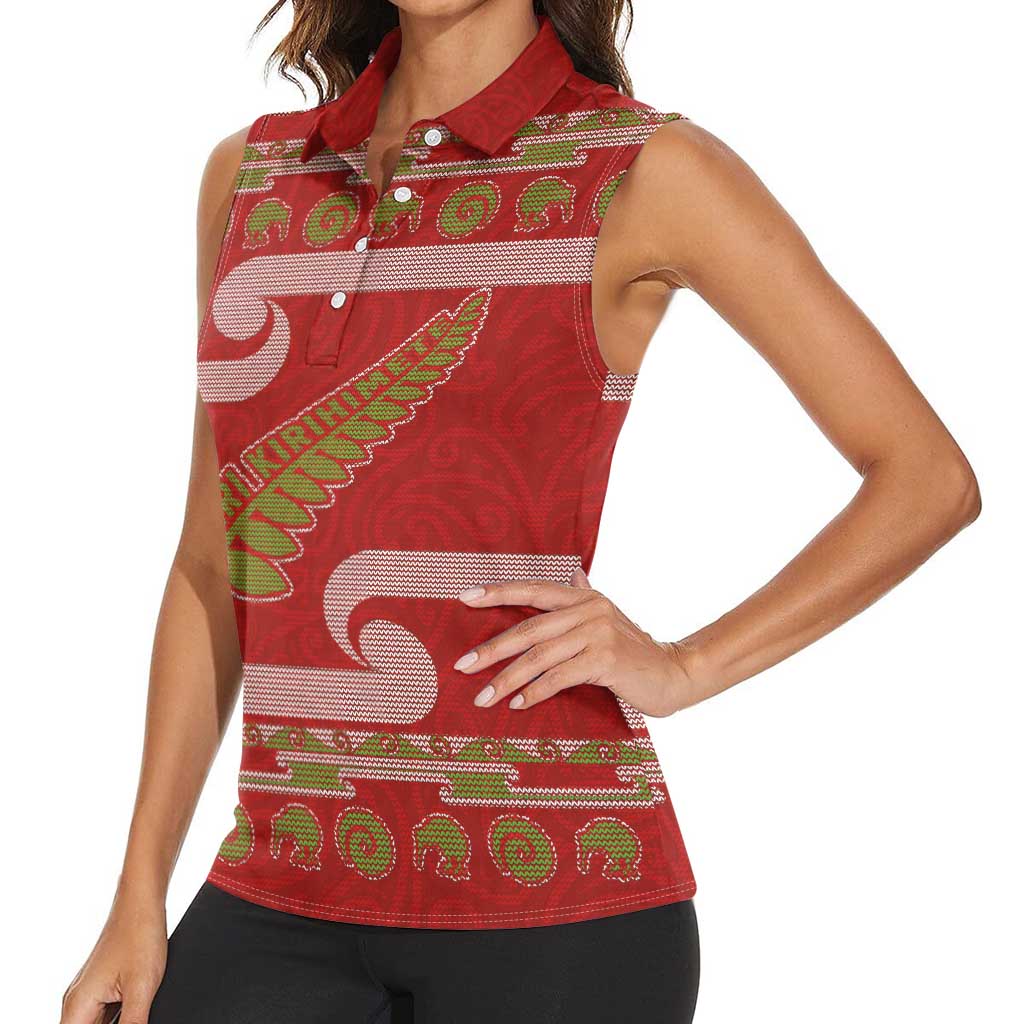 New Zealand Christmas Women Sleeveless Polo Shirt Meri Kirihimete Silver Fern Knit Style Green Color LT03 - Polynesian Pride