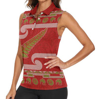 New Zealand Christmas Women Sleeveless Polo Shirt Meri Kirihimete Silver Fern Knit Style Green Color LT03 - Polynesian Pride