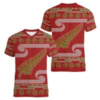 New Zealand Christmas Women V-Neck T-Shirt Meri Kirihimete Silver Fern Knit Style Green Color LT03 - Polynesian Pride