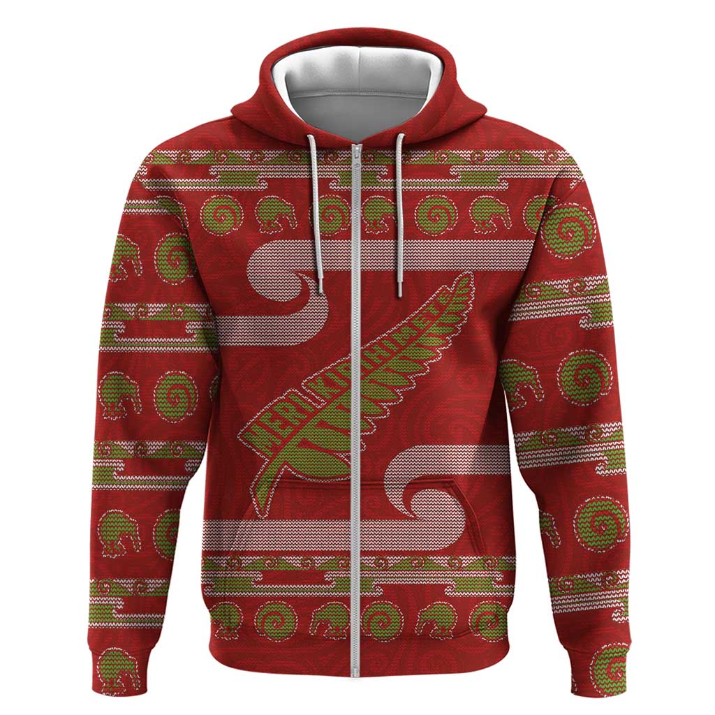 New Zealand Christmas Zip Hoodie Meri Kirihimete Silver Fern Knit Style Green Color - Polynesian Pride