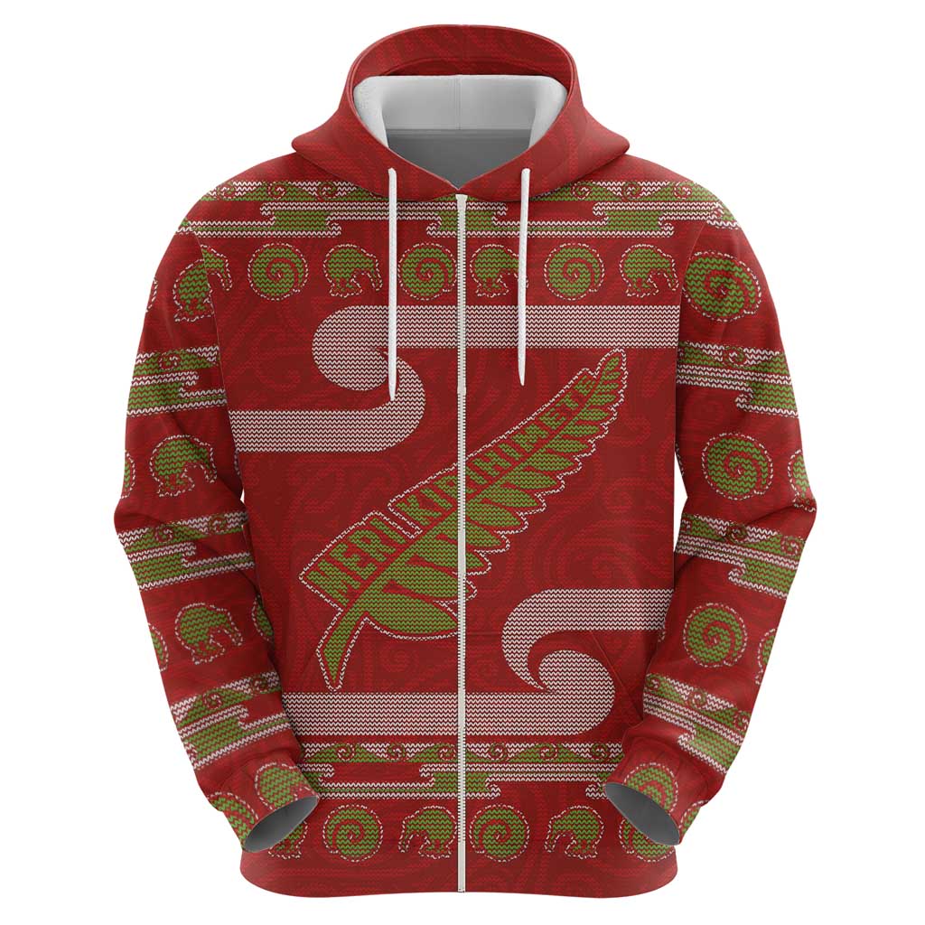 New Zealand Christmas Zip Hoodie Meri Kirihimete Silver Fern Knit Style Green Color LT03 - Polynesian Pride